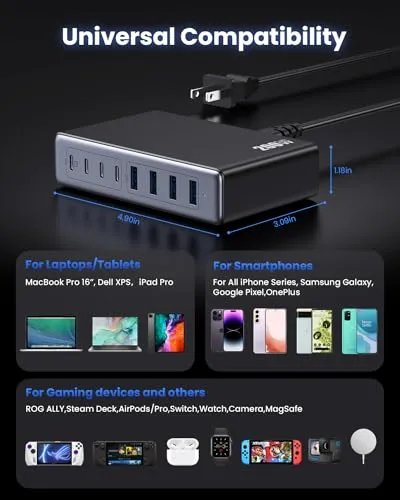 200W USB C Charger Block,GaN III 8-Ports USB C Charger,QC4.0 Fast Phone Charging Station Hub PD 65W USB C Laptop Charger Adapter Compatible with MacBook Pro/Air,DELL,iPhone 15/14,iPad,Steam Deck-Black