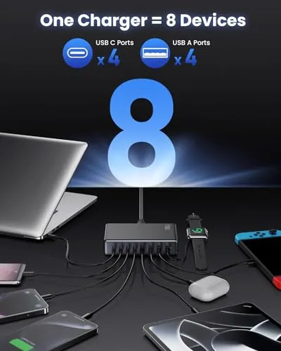 200W USB C Charger Block,GaN III 8-Ports USB C Charger,QC4.0 Fast Phone Charging Station Hub PD 65W USB C Laptop Charger Adapter Compatible with MacBook Pro/Air,DELL,iPhone 15/14,iPad,Steam Deck-Black