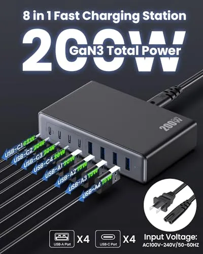 200W USB C Charger Block,GaN III 8-Ports USB C Charger,QC4.0 Fast Phone Charging Station Hub PD 65W USB C Laptop Charger Adapter Compatible with MacBook Pro/Air,DELL,iPhone 15/14,iPad,Steam Deck-Black
