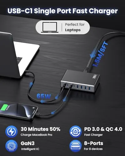 200W USB C Charger Block,GaN III 8-Ports USB C Charger,QC4.0 Fast Phone Charging Station Hub PD 65W USB C Laptop Charger Adapter Compatible with MacBook Pro/Air,DELL,iPhone 15/14,iPad,Steam Deck-Black