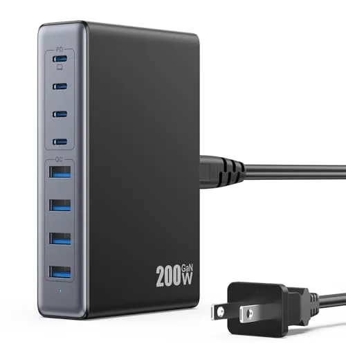 200W USB C Charger Block,GaN III 8-Ports USB C Charger,QC4.0 Fast Phone Charging Station Hub PD 65W USB C Laptop Charger Adapter Compatible with MacBook Pro/Air,DELL,iPhone 15/14,iPad,Steam Deck-Black