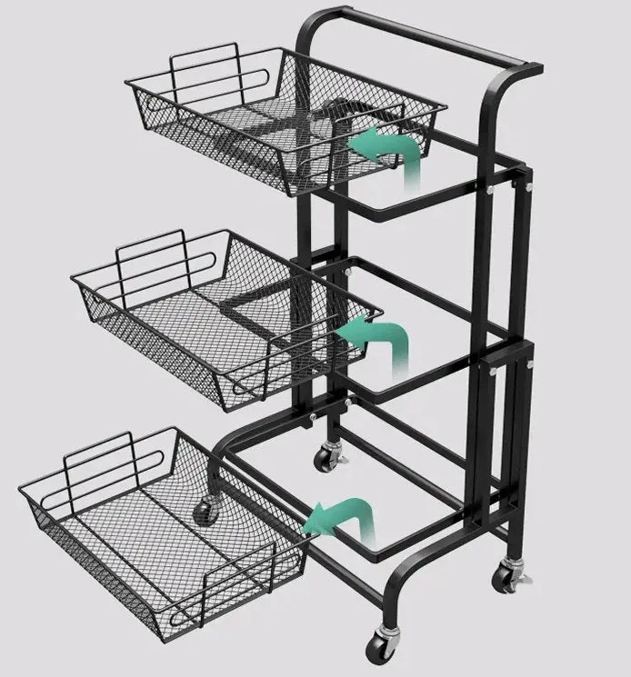 3 Tier Adjustable & Foldable Kitchen Storage Metal Rack Organizer Trolley with Wheels