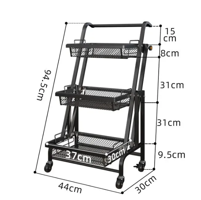 3 Tier Adjustable & Foldable Kitchen Storage Metal Rack Organizer Trolley with Wheels