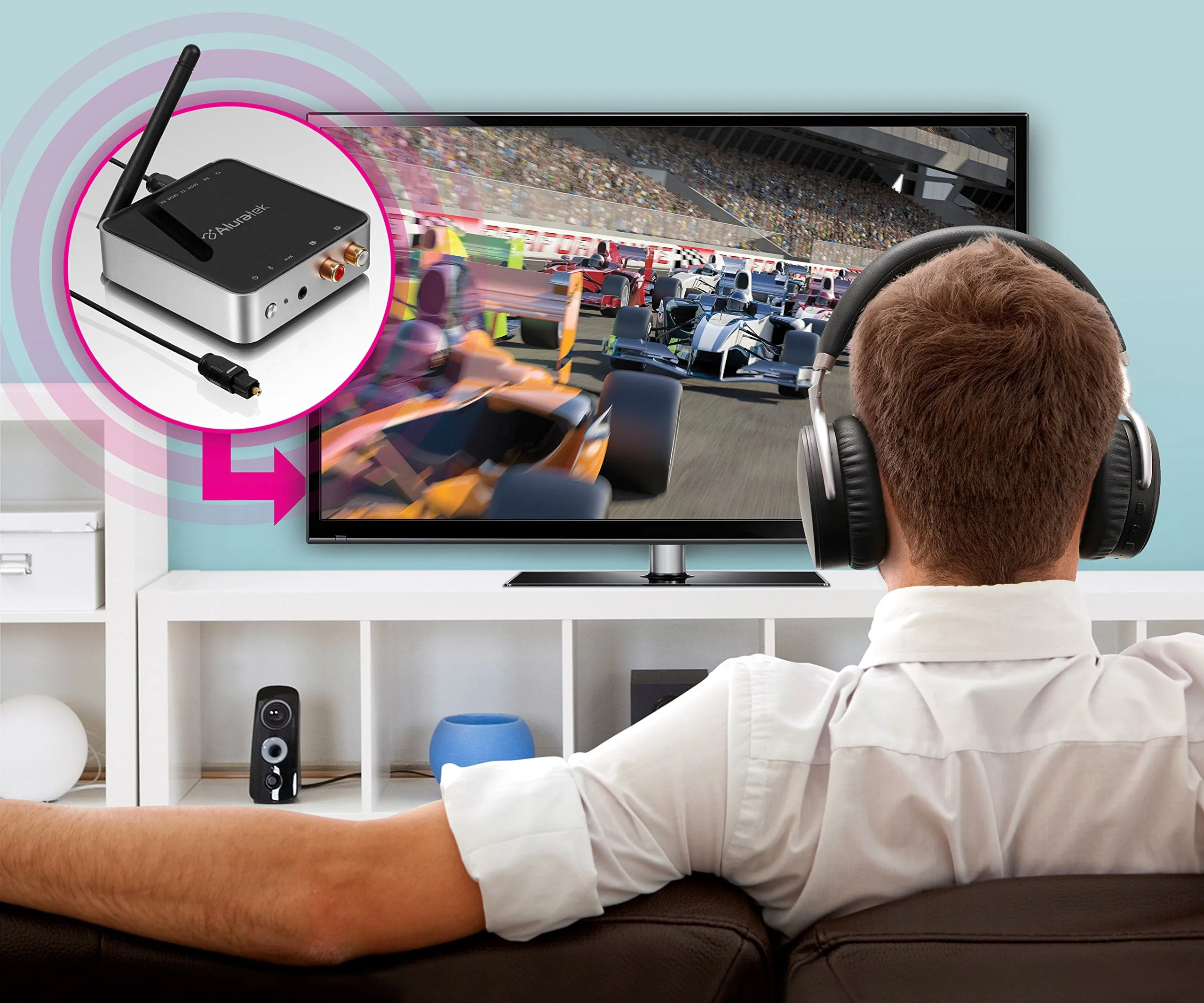 Aluratek Bluetooth Wireless TV Streaming Kit with Bluetooth 5, Long Range Up to 300', No Delay aptX, Optical, Aux, RCA, Includes Headphone and Transmitter/Receiver Adapter, PC, Laptop, Mac (ABCTVKIT)