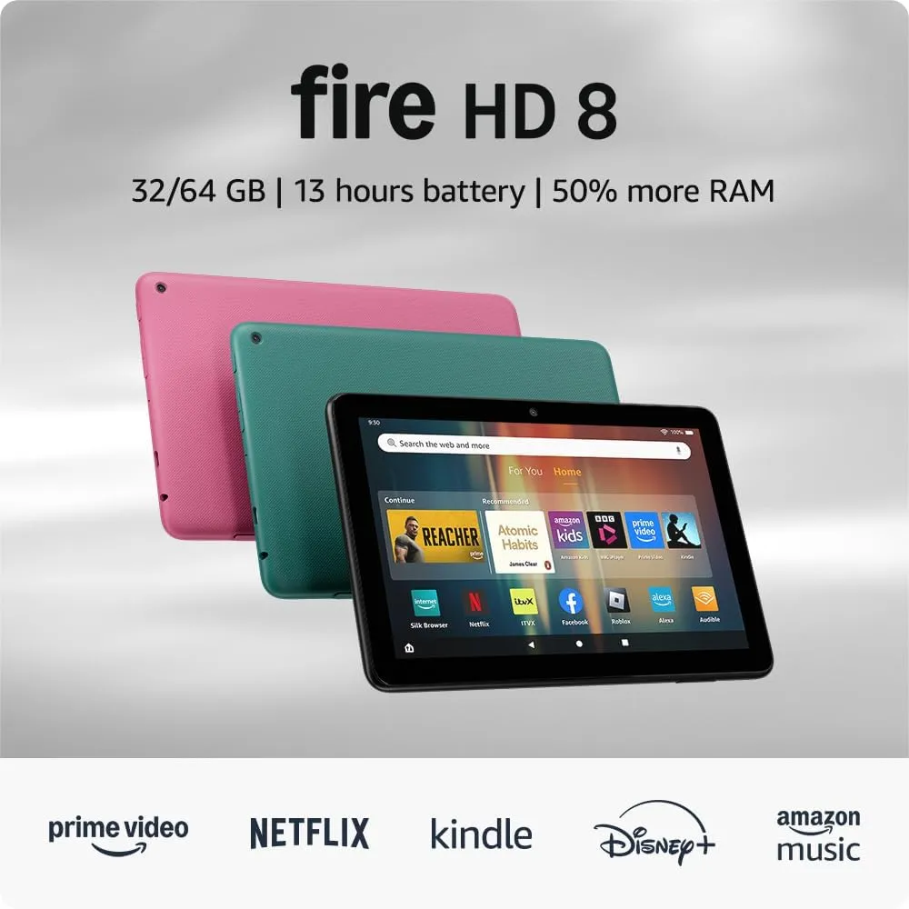 Amazon Fire HD 8 Tablet (2024) - 8" HD Display, 3GB RAM, 32GB Storage, Portable Entertainment, Hibiscus, With Ads