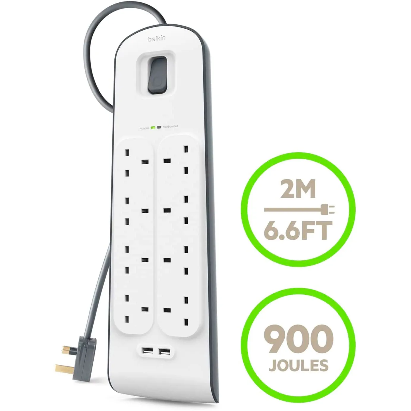 Belkin 8Port Power Extension Strip, 8 Way, 8 Plug Surge Protection Lead, 2Port 2.4A USB Charging Port (2m Cable).