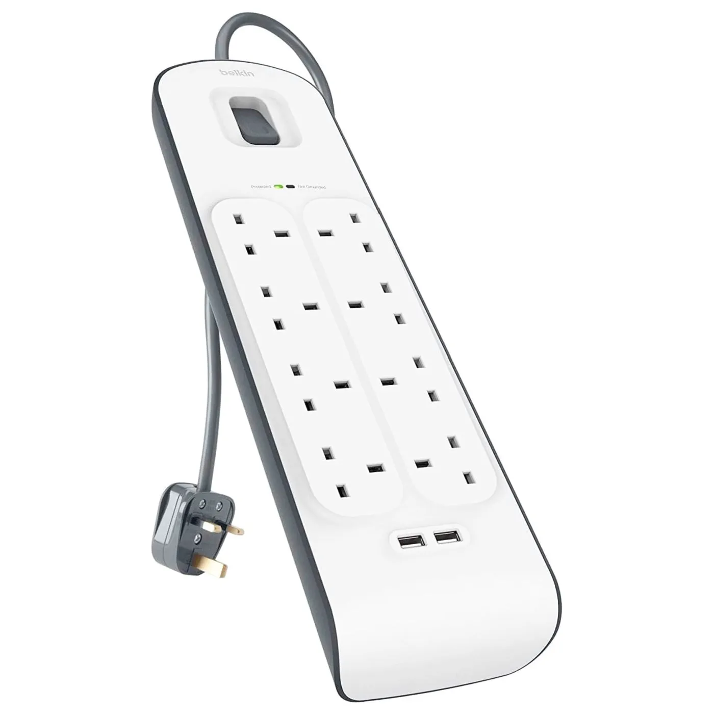 Belkin 8Port Power Extension Strip, 8 Way, 8 Plug Surge Protection Lead, 2Port 2.4A USB Charging Port (2m Cable).