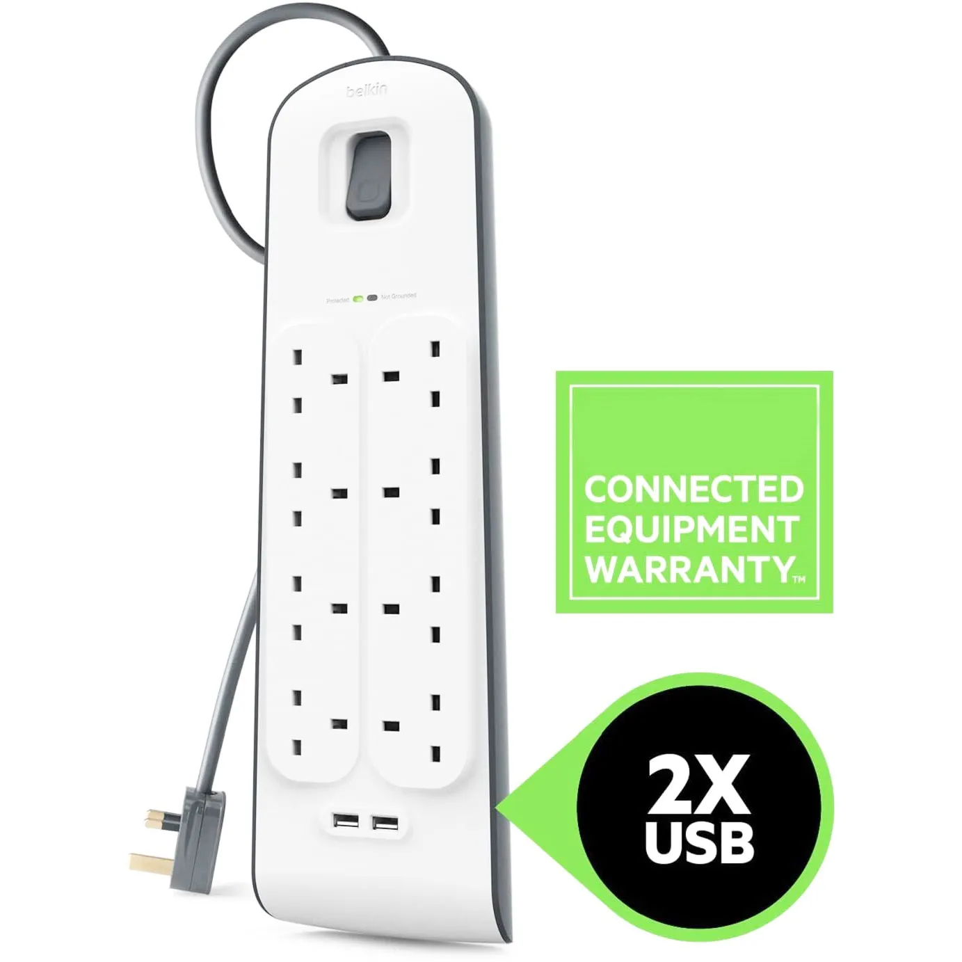 Belkin 8Port Power Extension Strip, 8 Way, 8 Plug Surge Protection Lead, 2Port 2.4A USB Charging Port (2m Cable).