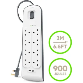 Belkin 8Port Power Extension Strip, 8 Way, 8 Plug Surge Protection Lead, 2Port 2.4A USB Charging Port (2m Cable).
