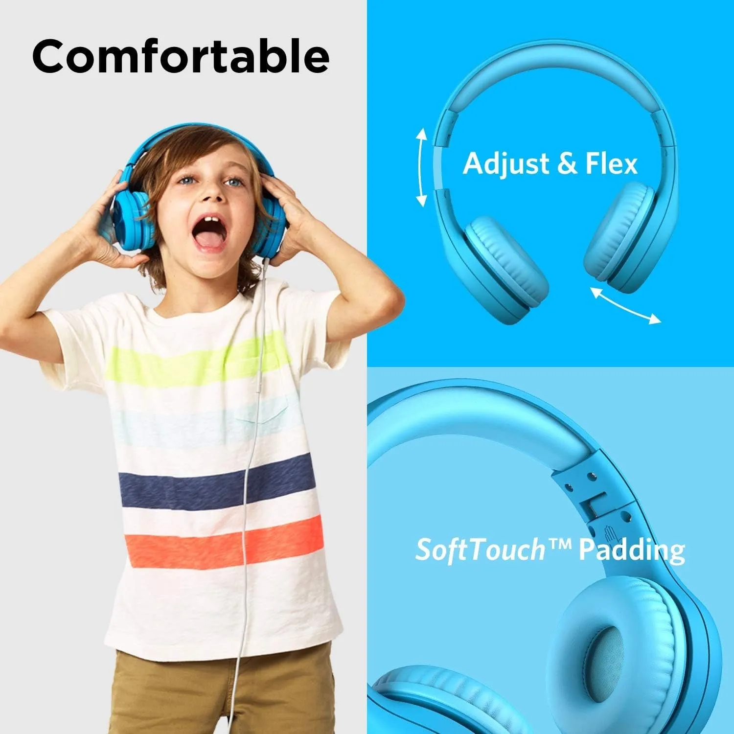 Connect  Pro Kids Headphones with Cord - Designed with Kids' Comfort in Mind, Foldable Over-Ear Headset with In-Line Microphone, Kids Wired Headphones for School, Blue
