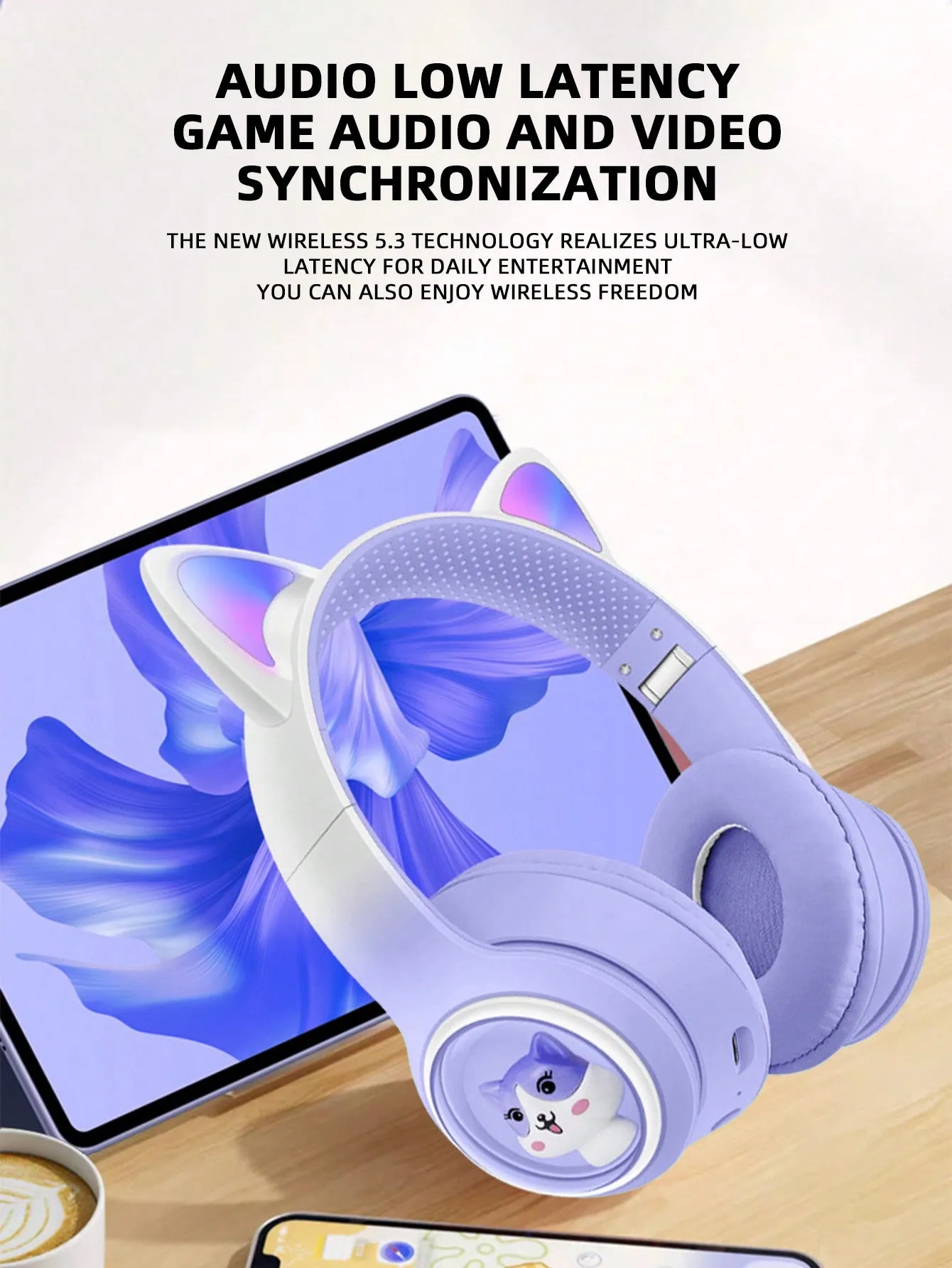 Flashing RGB Lighting Effects Cat Ears Wireless Headphones Long Lasting Colorful Wireless Headphones