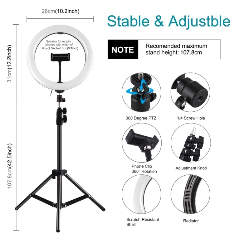 PULUZ 1.1m Tripod Mount   10.2 inch 26cm RGBW LED Ring Vlogging Video Light  Live Broadcast Kits with Cold Shoe Tripod Ball Head & Phone Clamp