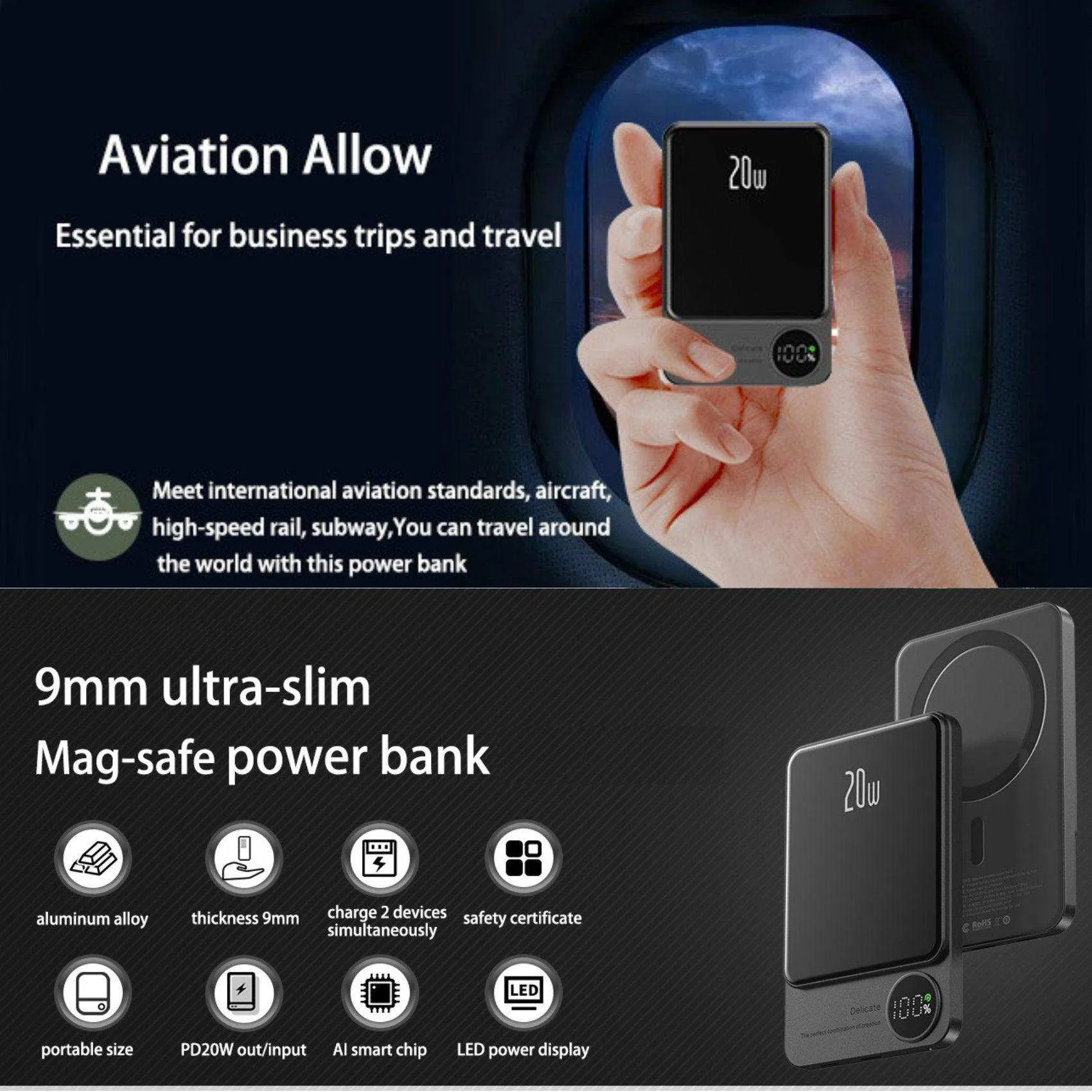 TUTT S11 ALL Metal/Glass  MagSafe Wireless Power Bank Portable Magnetic Charger, 10,000mAh PD 20W Ultra Fast Battery Pack With USB-C LED Display iPhone 16/15/14/13/12/Pro/Pro Max etc.