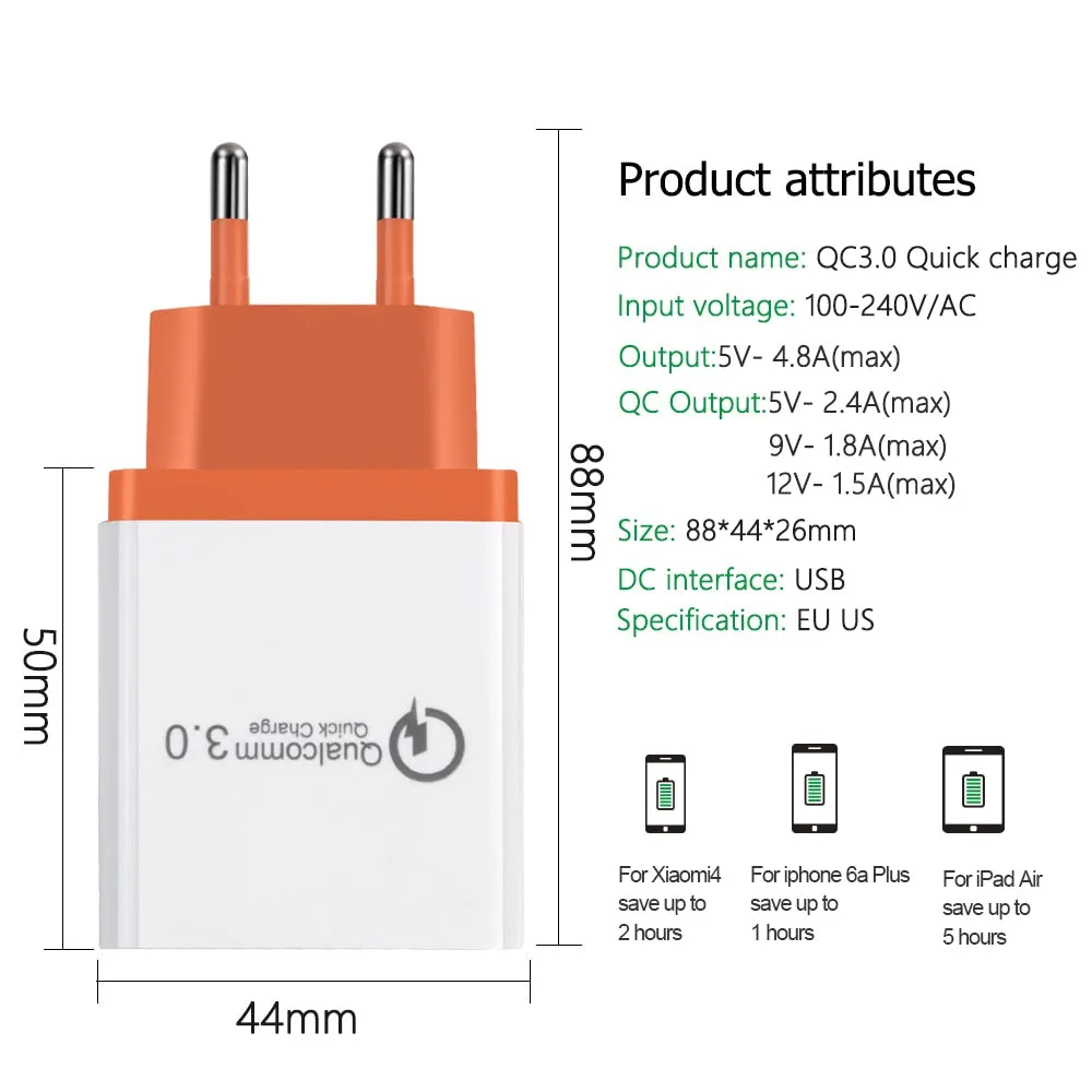 Universal 18 W USB Quick charge 3.0 5V 3A for Iphone 7 8 EU US Plug Mobile Phone Fast charger charging for Samsug s8 s9 Huawei