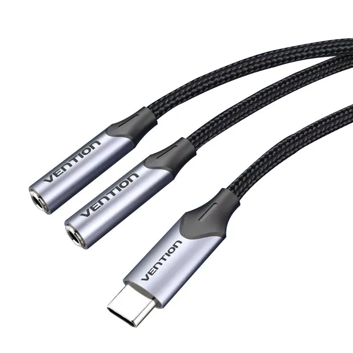Vention USB Nickel Plated Type-C Male to Dual TRS 3.5mm Female 0.3-Meter Braided Audio & Mic Jack Splitter Cable for Smartphones, Laptops, Tablets | BGPHY