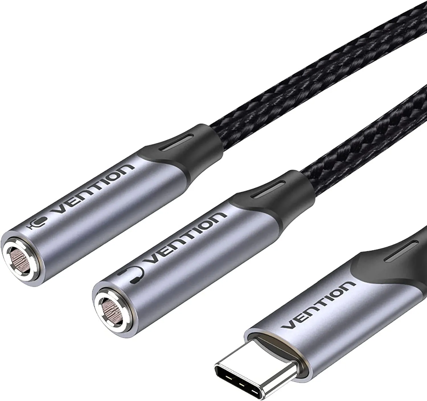 Vention USB Nickel Plated Type-C Male to Dual TRS 3.5mm Female 0.3-Meter Braided Audio & Mic Jack Splitter Cable for Smartphones, Laptops, Tablets | BGPHY