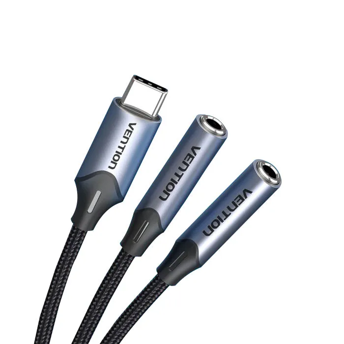 Vention USB Nickel Plated Type-C Male to Dual TRS 3.5mm Female 0.3-Meter Braided Audio & Mic Jack Splitter Cable for Smartphones, Laptops, Tablets | BGPHY