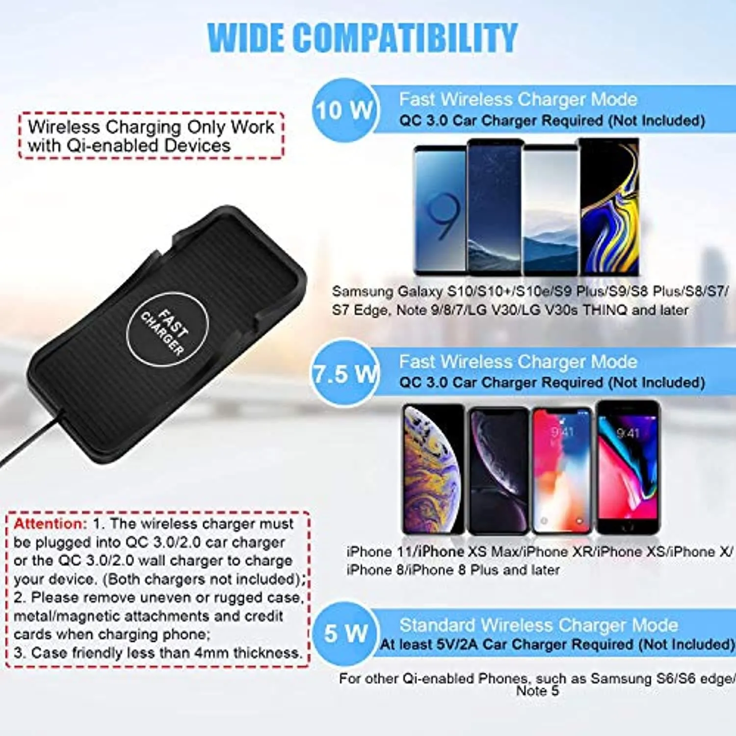 Wireless Car Mobile Charging Pad, QI Enabled 10W Quick Charging Dashboard Anti-Slip Mat for iPhone, Android & All QI Enabled Devices