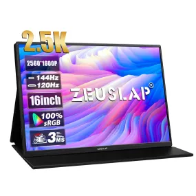 ZEUSLAP 16&quot; 2.5K 144hz Portable Monitor 2560*1600 16:10 100%sRGB 500Cd/m²  Travel Gaming Display for Laptop Switch ps4 ps5 Xbox